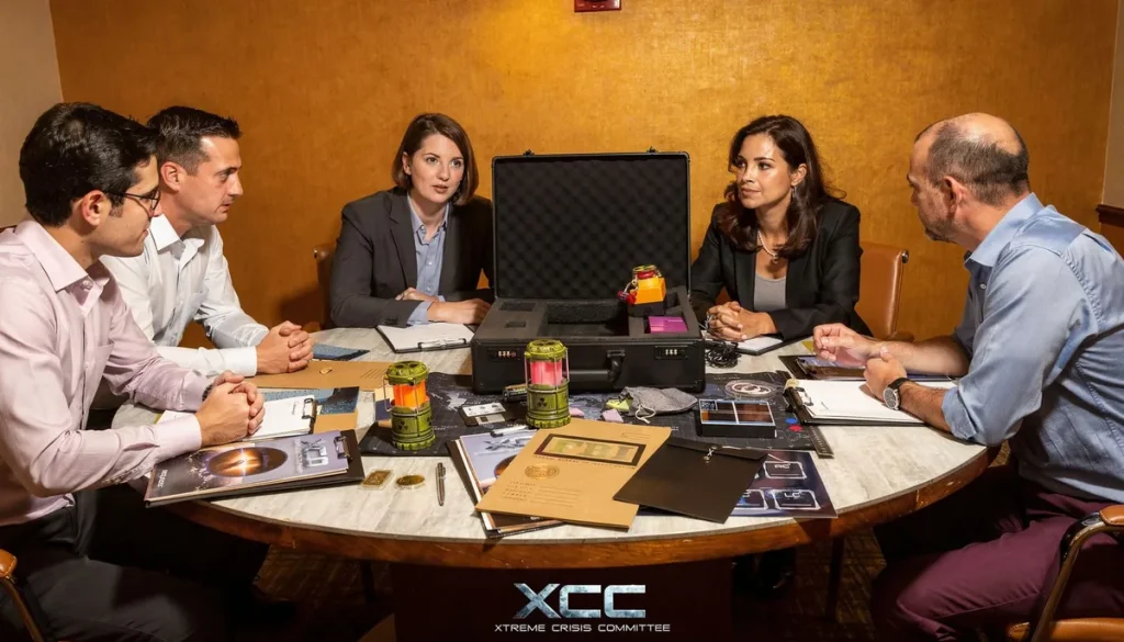 Cómo elegir un escape room para empresas: equipo jugando con un maletín de pistas en una mesa de reuniones