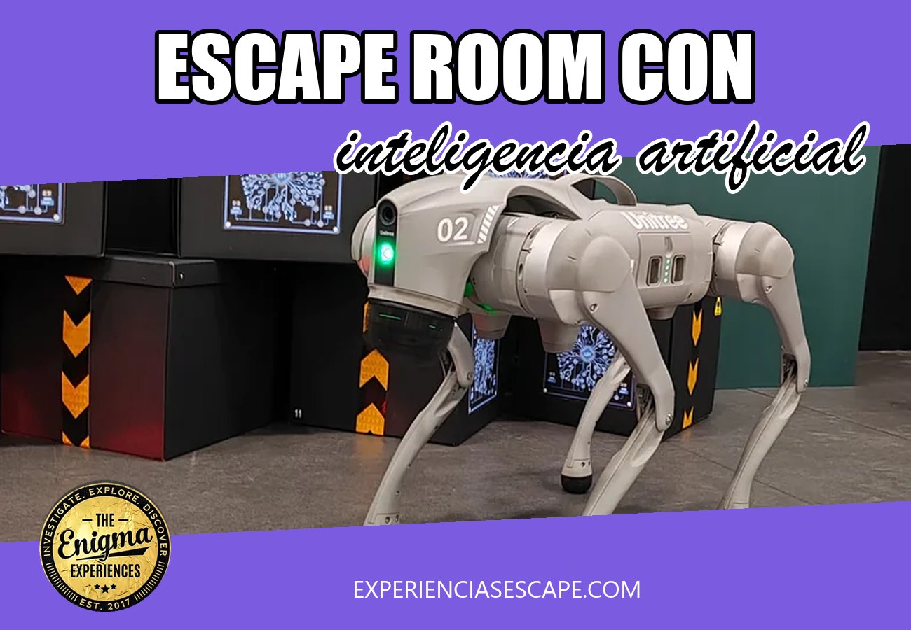 Escape room con inteligencia artificial: robot de Cybercorp entre las cajas de juego en un salón de eventos