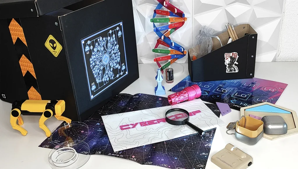 Escape room marketing: kit Cybercorp con caja, robot y pistas, adaptable a la marca de cada empresa