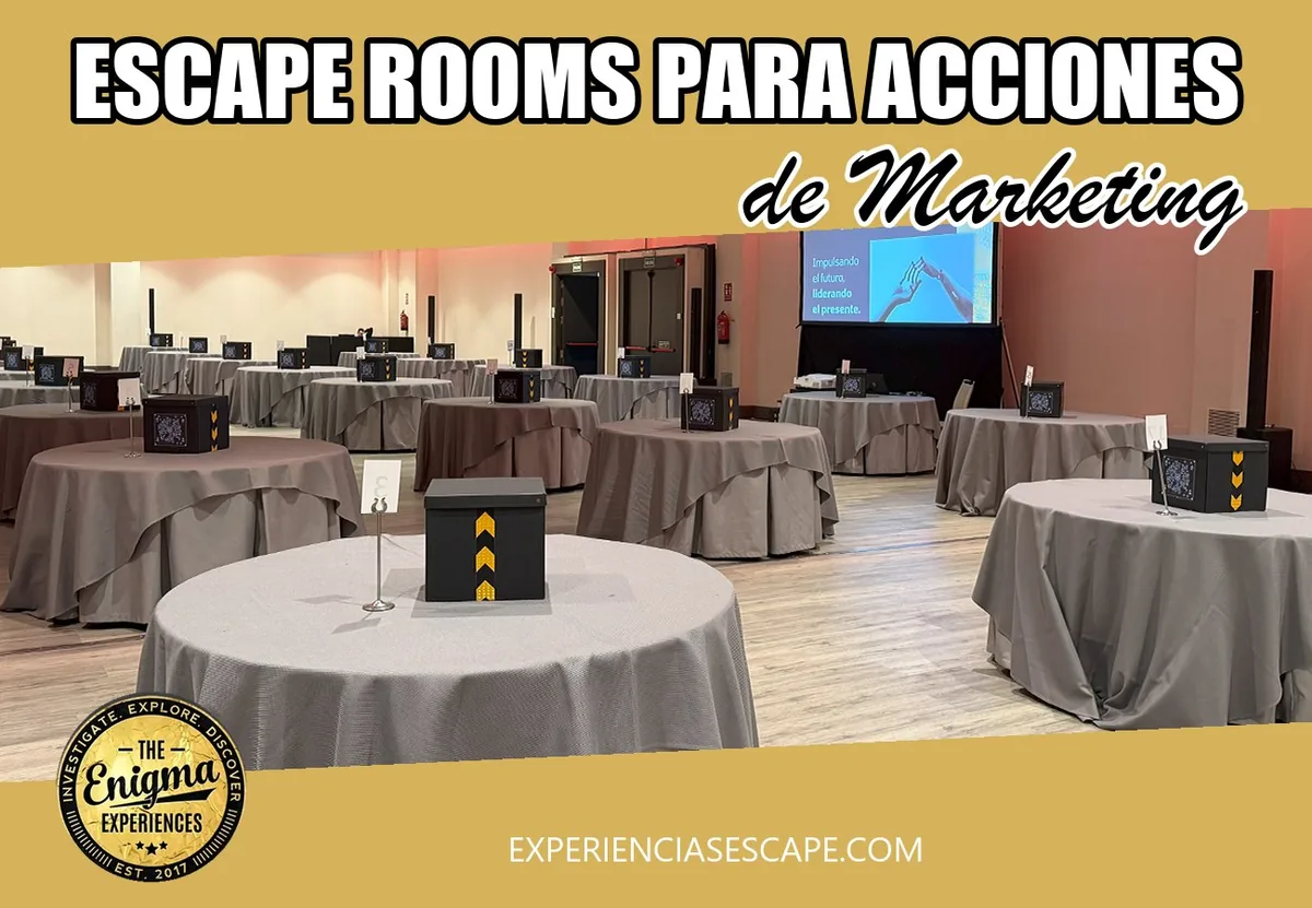 Escape room marketing: salón de convenciones preparado con un juego Cybercorp de marca