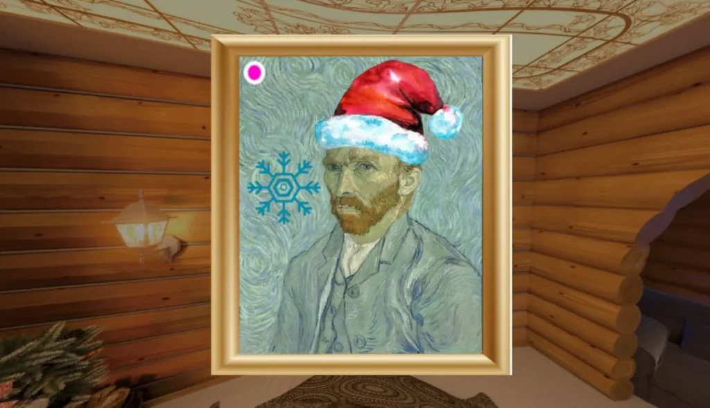 Escape room online para empresas en Navidad: escena con un retrato de Van Gogh con gorro de Papá Noel