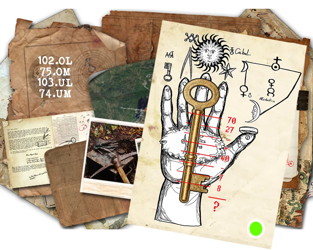 Pistas digitales de un escape room online para empresas: documentos, llave y mapa
