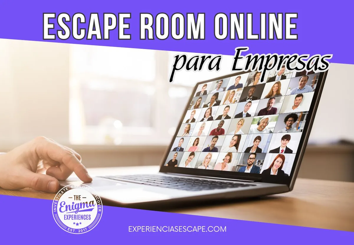 Portátil con una videollamada de equipo en pantalla, cabecera de escape room online para empresas