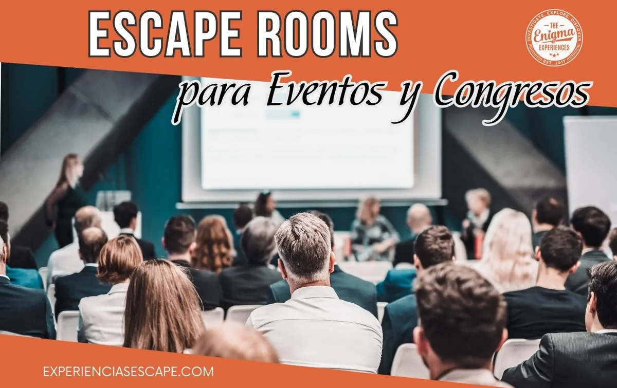 Público asistiendo a una ponencia en un evento de empresa, cabecera de escape room para eventos y congresos
