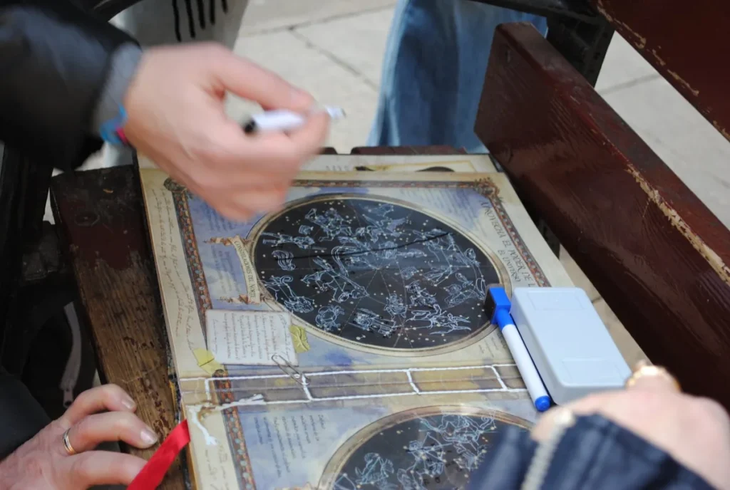 Gymkhanas urbanas para empresas: un equipo resuelve un mapa con astrolabio en plena calle