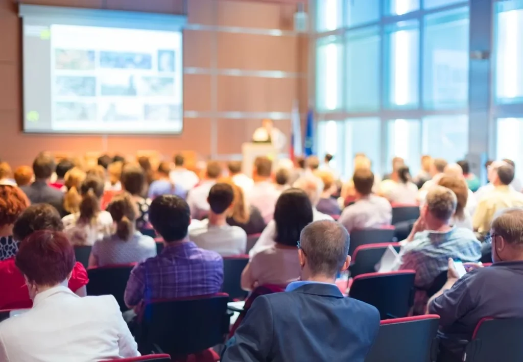 Ideas originales eventos corporativos: ponente ante el público en una sala de conferencias durante una convención