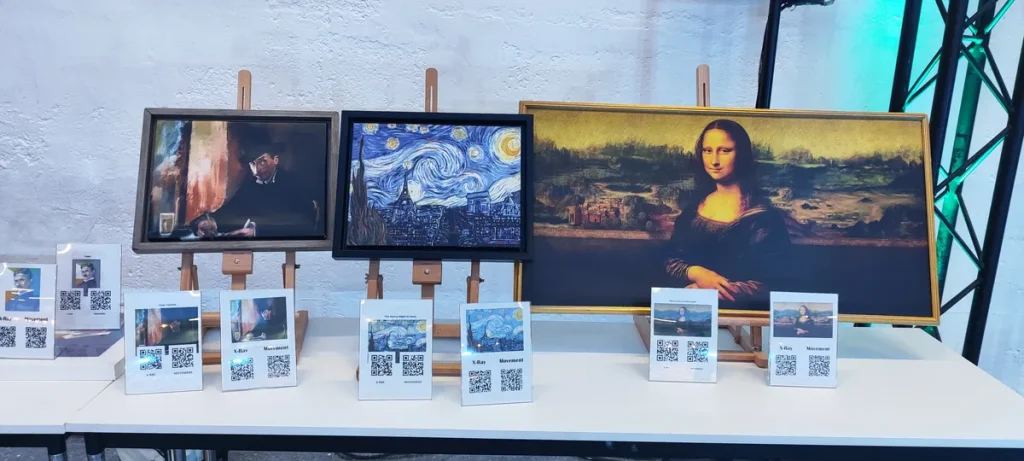 Mejores escape room para empresas en Madrid: cuadros de Van Gogh y La Gioconda en caballetes con pistas