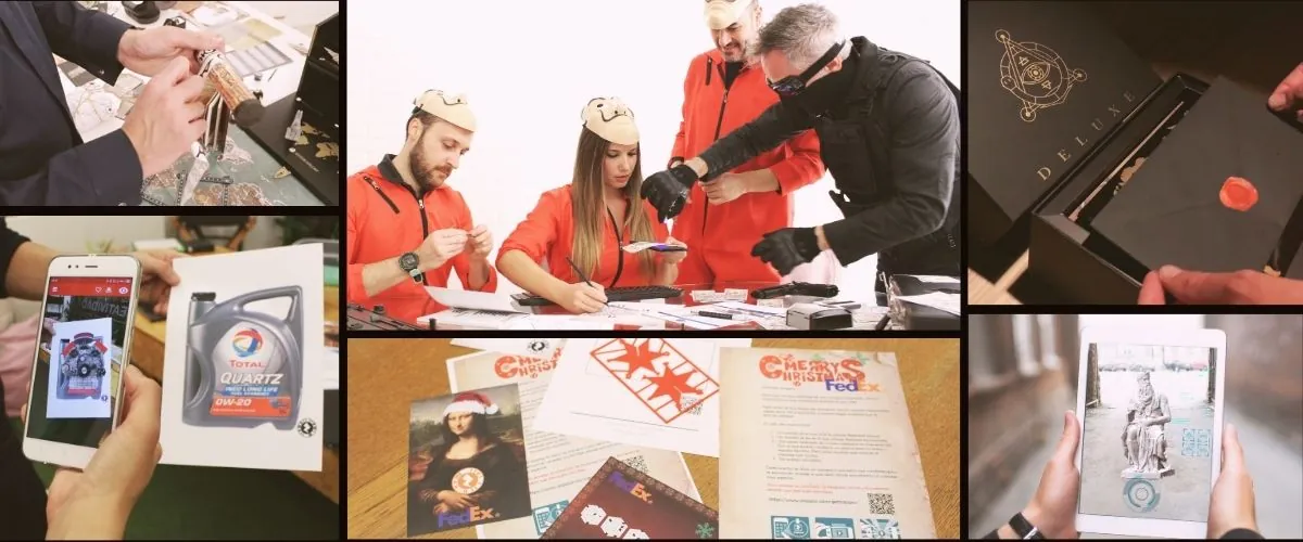 Ejemplos de escape room in a box personalizados con la marca de distintas empresas y realidad aumentada